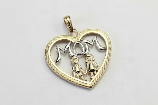 14k White/Yellow Gold Mom Heart Pendant 1.0 dwt