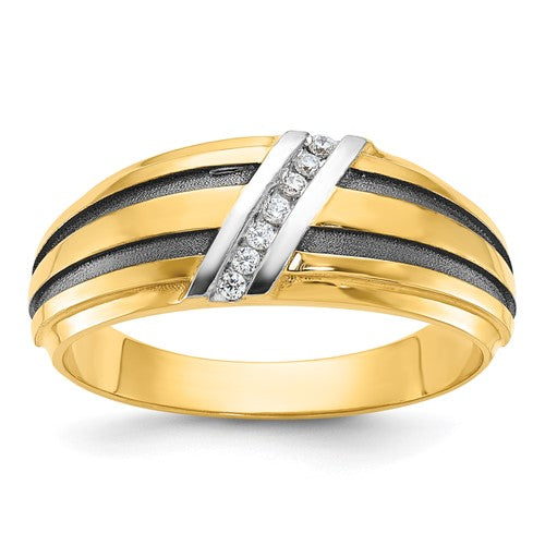 14k with Black and White Rhodium Men's Polished Satin and Grooved 1/20 Carat AA Quality Diamond Ring