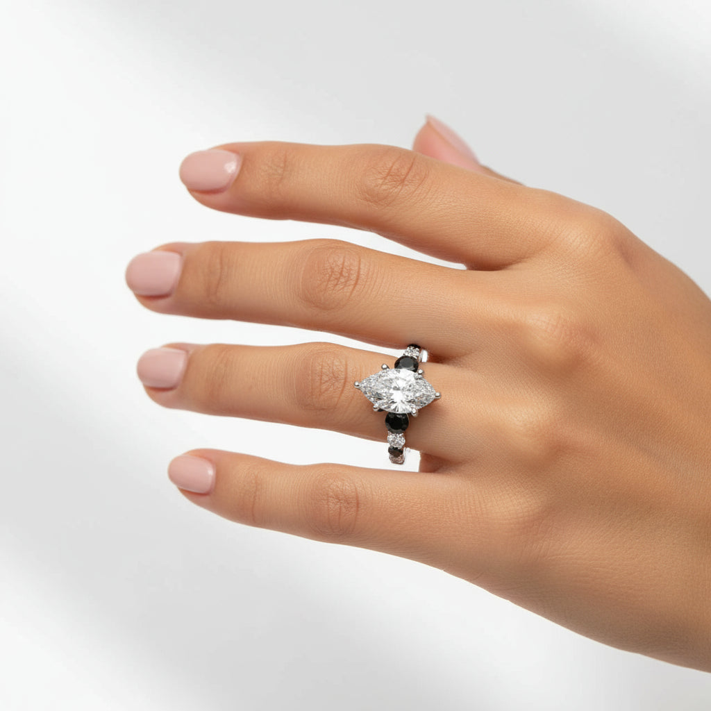 14k White Gold 3 carat Pear Shape Diamond Engagement Ring with Black / White Diamond Setting