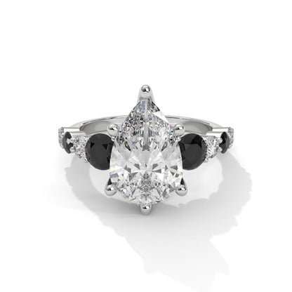 14k White Gold 3 carat Pear Shape Diamond Engagement Ring with Black / White Diamond Setting