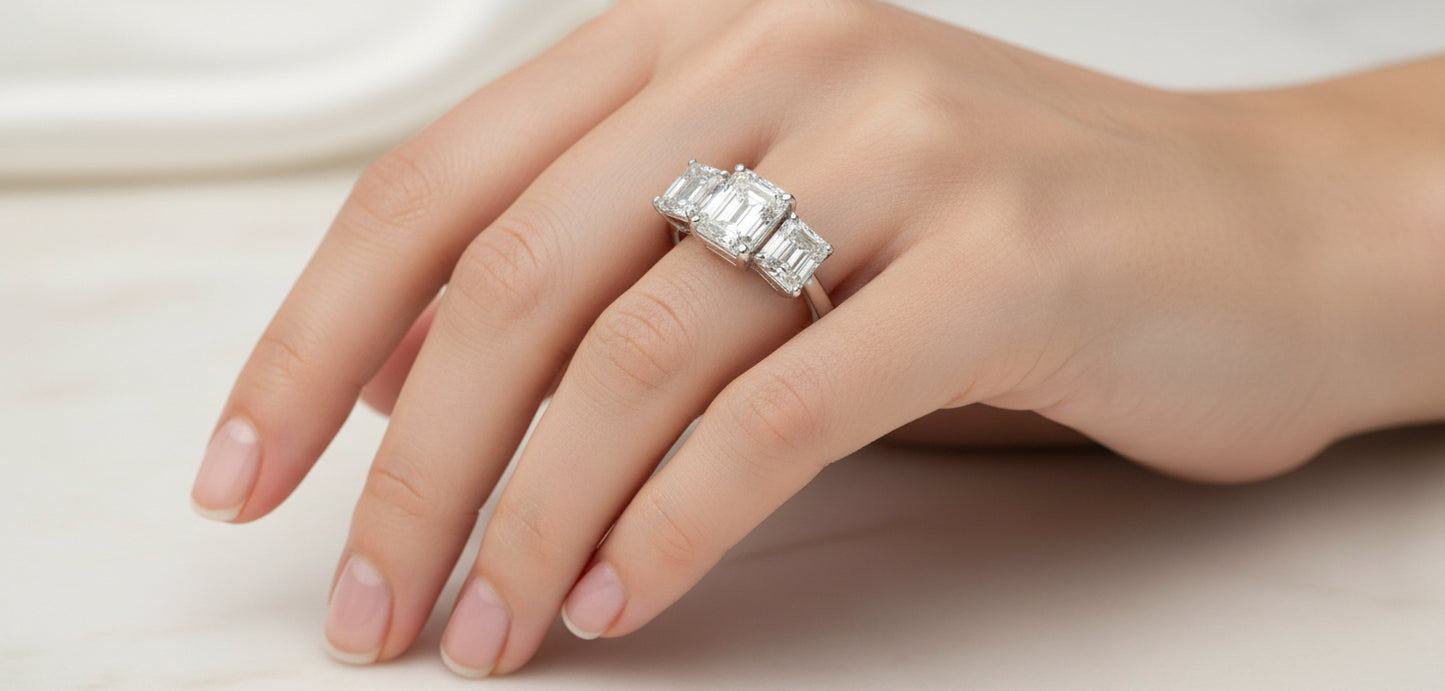 14K/W GOLD LAB GROWN 3 DIAMOND EMERALD CUT ENG RING  4.20CT