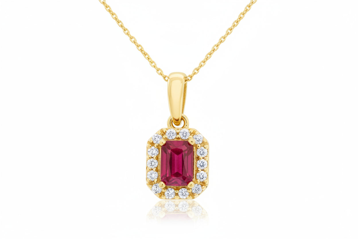 14K YELLOW GOLD RUBY .35 CTW, DIAMONDS 0.10 CTW PEND