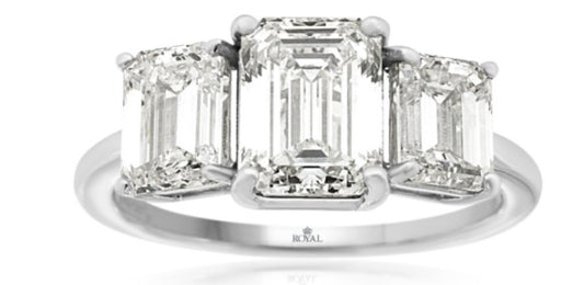 14K/W GOLD LAB GROWN 3 DIAMOND EMERALD CUT ENG RING  4.20CT