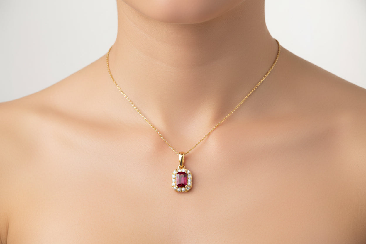 14K YELLOW GOLD RUBY .35 CTW, DIAMONDS 0.10 CTW PEND