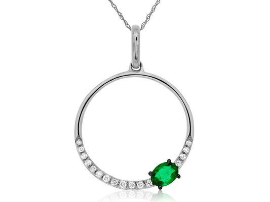 14k White Gold Emerald and Diamond Circle Pendant