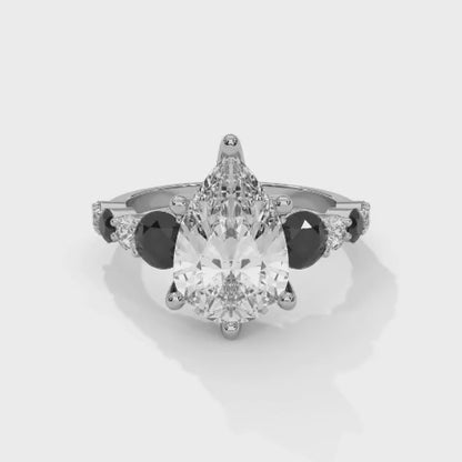 14k White Gold 3 carat Pear Shape Diamond Engagement Ring with Black / White Diamond Setting